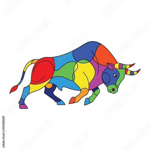 Vibrant multi colored bull mosaic artwork