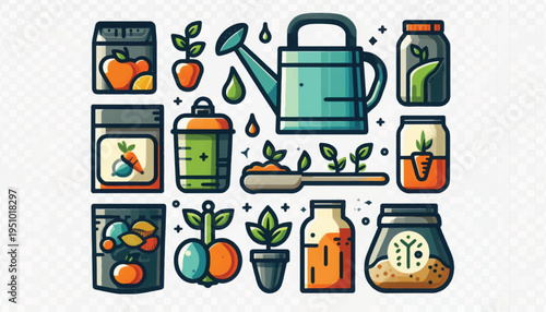 Flat Vector Illustration of Organic Gardening Supplies, Tools, Fertilizers, and Seeds Icon Collection for Sustainable Farming and Plant Care
