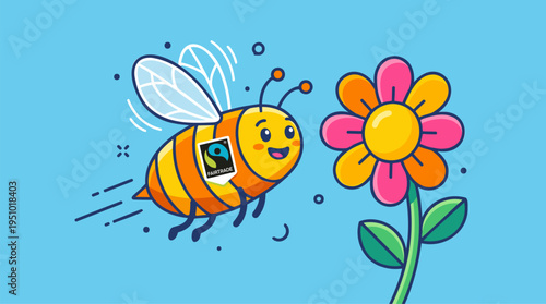 Happy bee, flying with Fairtrade logo, approaching flower, ethical, sustainable environment, vibrant cartoon flat vector illustration