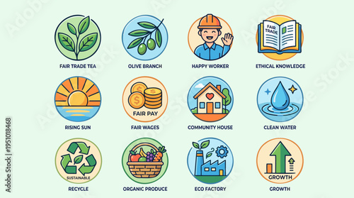 Eco-Friendly Fair Trade Icons: Diverse Sustainable Development Symbols, Ethical Business & Community, Nature Concepts, Flat Outline Vector Art with Vibrant Colors, Modern UI/UX Design Elements