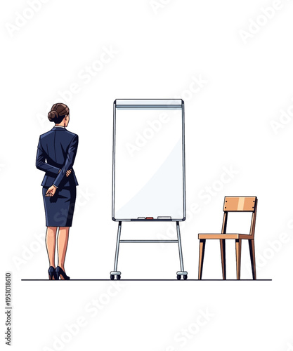 Professional businesswoman in a sharp suit stands thoughtfully before a blank flip chart, ready to present.