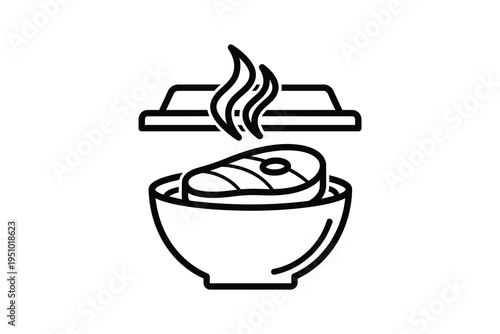Simple black line drawing of a covered bowl with steaming hot food, symbolizing cooking or a hot meal being served.