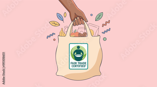 Hand holding reusable shopping bag featuring Fair Trade Certified logo and fresh groceries for ethical consumption and sustainability in a pastel flat vector illustration graphic design.