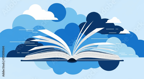 Open book with pages flying out symbolizing knowledge and learning against a blue cloudy sky background