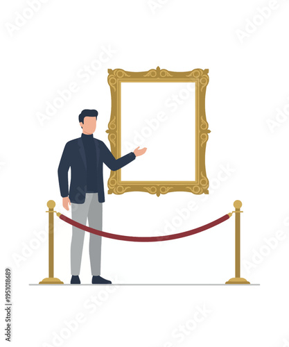 A dapper man stands beside an empty, decorative golden picture frame, behind a classic red velvet barrier.