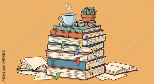 Stack of books with coffee cup plant and glasses on top surrounded by scattered papers