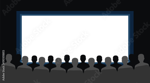 Cinema Theater Audience Watching Blank Movie Screen Silhouette Crowd Entertainment Film Presentation Background Vector Illustration