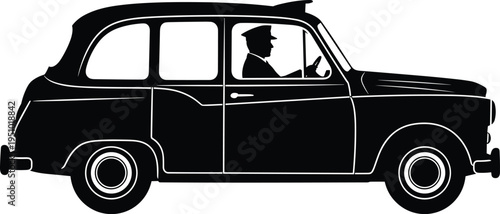 Classic Taxi Car Silhouette With Driver Vintage City Cab Vehicle Transportation Icon Isolated Black Vector Illustration