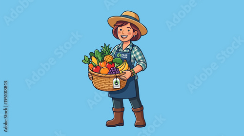 Smiling Farmer Woman Holding Organic Fruit Vegetable Basket Healthy Food & Fair Trade Farming Colorful Flat Vector Illustration Isolated Editable Stock Art