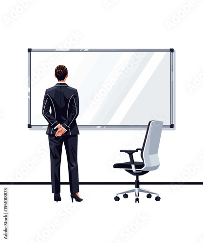 Professional businesswoman stands ready for presentation facing a blank whiteboard in an office setting