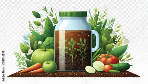 Natural Liquid Fertilizer and Compost Tea Jar with Growing Seedlings, Roots, Fresh Vegetables, and Organic Gardening Supplies