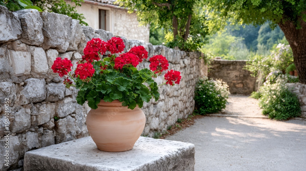 Fototapeta premium Red geraniums in terracotta pot by stone wall