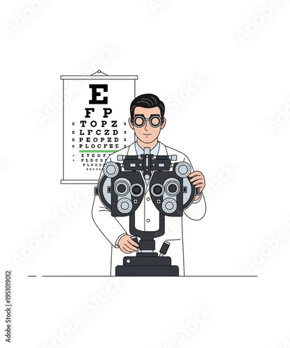 Optometrist conducts a comprehensive vision examination using a modern phoropter device near a chart