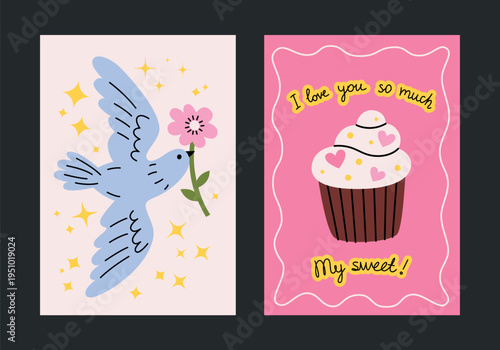 Сolorful romantic posters and postcards for Valentine's Day. Printable designs with cute bird with flower, cupcake with cream and pink hearts. Holidays, weddings, feasts and celebrations decor.