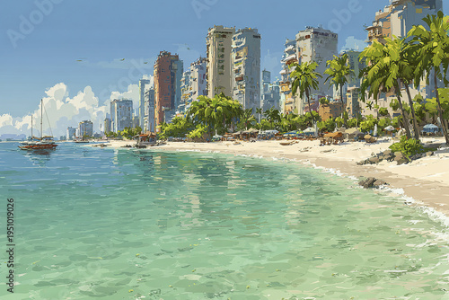 Tropical city beach with clear turquoise water, white sand, tall buildings, and palm trees under bright blue sky, creating peaceful and inviting coastal atmosphere