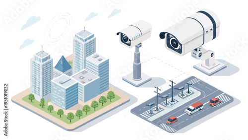 Smart city surveillance technology icons with modern cityscape and road infrastructure