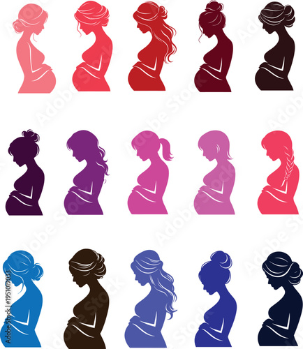 A vector illustration set of fashion women silhouettes and people icons featuring various hair styles, facial profiles, and head avatars in a black art design style.