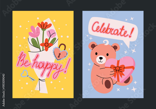 Romantic posters and postcards for Valentine's Day in cartoon style. Printable designs with cute flowers bouquet, key and lock, toy teddy bear with box with candy. Holidays and celebrations decor.