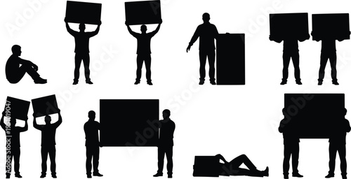 Black Silhouette Collection Of People Holding Empty Protest Signs And Banners For Demonstration Activism Strike And Message Board Promotion Design