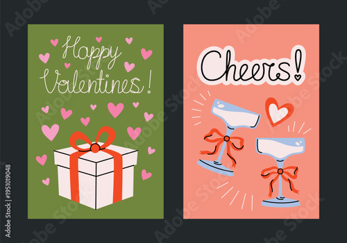 Colorful romantic posters and postcards for Valentine's Day. Printable designs with cute hearts, white gift box with festive red bow, champagne glasses with bows. Holidays, celebrations, feasts decor.