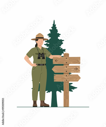 A female park ranger or explorer, wearing a hat and binoculars, stands next to a wooden directional signpost indicating paths.
