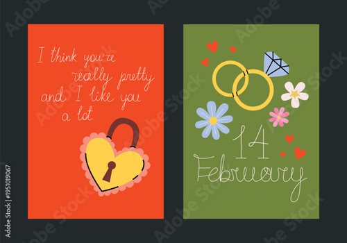Сolorful set of romantic posters and postcards for Valentine's Day in cartoon style. Printable designs with cute love lock and engagement rings. Decor for romance, holidays, weddings and celebrations.