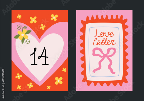 Сolorful romantic posters and postcards for Valentine's Day in cartoon style. Printable designs with cute heart, flowers love letters, festive pink bow. Holidays, weddings, celebrations, feasts decor.