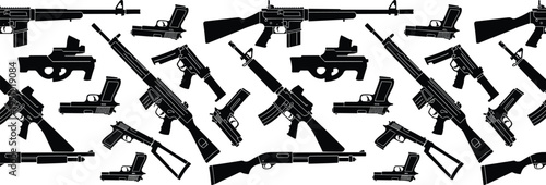 Gun and Firearm Silhouette Pattern Featuring Pistols Rifles Shotguns and Tactical Weapons Black Military Weapon Icons Collection Illustration