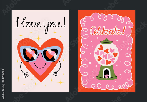 Сolorful romantic posters and postcards for Valentine's Day. Printable designs with cute heart character, gumball candy hearts. Decor for romance, holidays, weddings, feasts and celebrations.