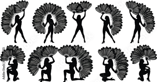 Black Silhouette Collection Of Beautiful Female Cabaret Dancers Holding Large Feather Fans For Burlesque Show Performance And Nightclub Entertainment Design