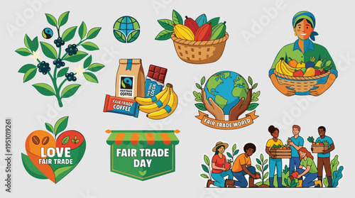 Fair Trade Elements & Farming Community Group with Coffee Plant, Cocoa, Produce, and Earth. Promoting Ethical Agriculture, Sustainable Production, and Social Justice in Vibrant Flat Vector Style.