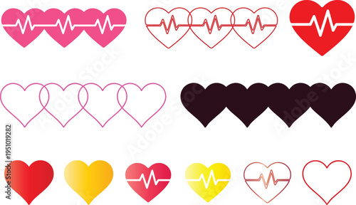 A decorative set of pink and red heart icons and vector illustrations designed for a romantic Valentine's Day card or wedding pattern symbolising love and passion.