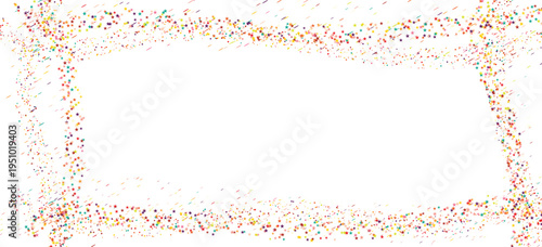 Colorful confetti border frame with stars and streamers on white background for celebration and party decoration