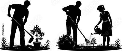 Silhouettes of people gardening, digging, raking, and watering plants in a serene outdoor setting