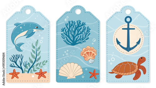 Marine themed name tags with ocean creatures and nautical symbols for labeling