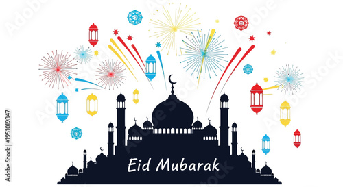 Festive eid mubarak celebration featuring fireworks and a mosque in dark silhouette high quality professional detailed