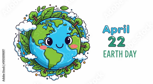 Smiling earth globe with green leaves and clouds on white background celebrating earth day on april 22nd