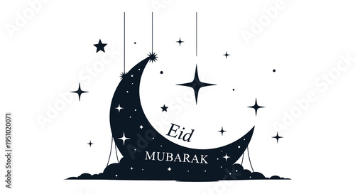 A dark blue eid mubarak graphic with a crescent moon and stars a striking silhouette