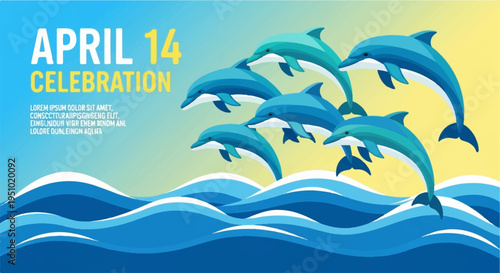 Four dolphins jumping out of ocean waves on sunny day with celebration text