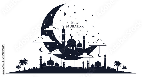 A crescent moon and minaret cityscape celebrate eid mubarak with a striking silhouette high quality professional