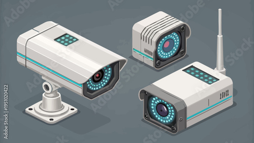 Futuristic surveillance camera devices with blue lights on a gray background