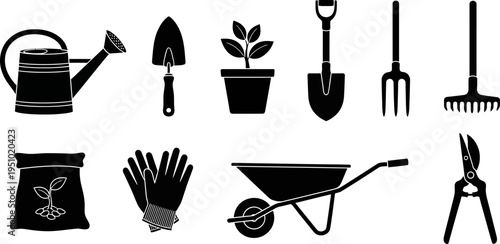 Essential Gardening Tools and Equipment Silhouettes for Home Gardeners and Farmers
