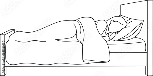 Minimalist line art illustration of a person peacefully sleeping in a comfortable bed under a warm blanket, symbolizing rest and relaxation.