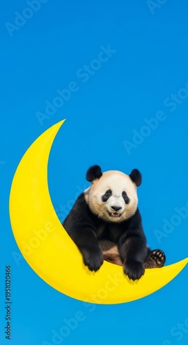 Happy panda relaxing on bright yellow crescent moon against vibrant blue sky