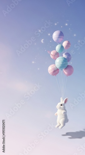 Cute white bunny flying with colorful planet balloons in pastel sky, creative dream fantasy and childhood concept