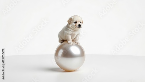 Cute cream puppy sitting on big shiny pearl, premium pet care and valuable jewelry concept on white background