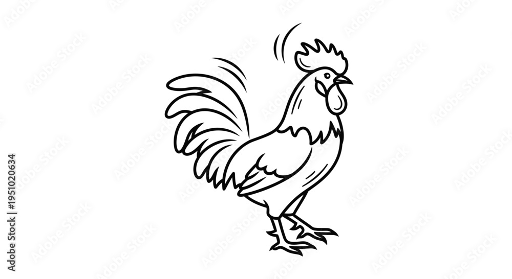 Fototapeta premium Rooster Line Art Illustration: A Stylized Chicken with a Comb and Tail Feathers