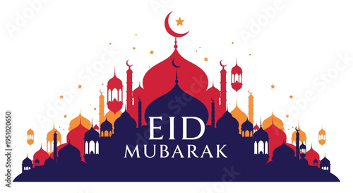 A vibrant eid mubarak greeting featuring a mosque skyline in dark silhouette high quality professional detailed