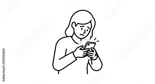 Sad Woman Looking at Smartphone Screen with Worried Expression