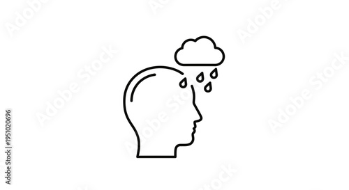 Sadness and Depression Icon: Cloud Raining Over Human Head Silhouette